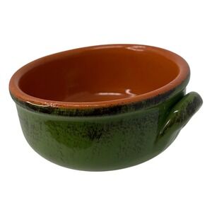 Vintage De Silva Italy Green Terracotta Soup Bowl Crock w Handles Majolica